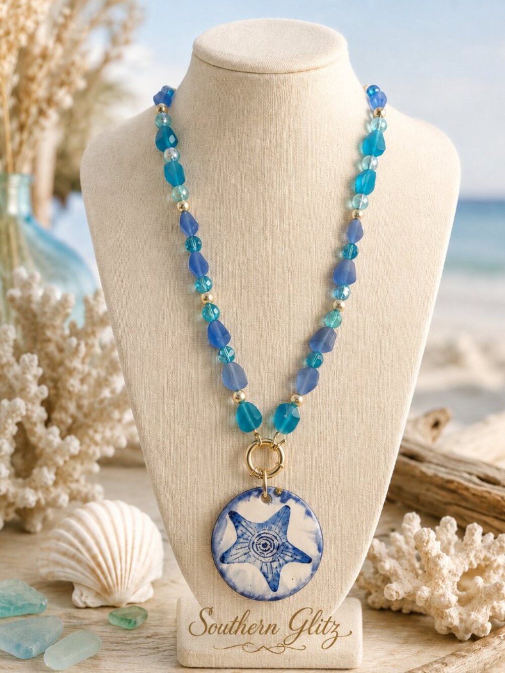 Coastal Blue Beaded Starfish Pendant Necklace | Turquoise & Periwinkle Summer St